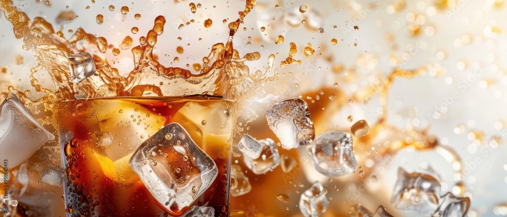 Poster a refreshing drink with ice cubes splashing, showcasing vibrant colors and dynamic movement for a li