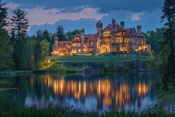 Obraz premium A majestic castle on a hilltop bathed in moonlight with forests and a reflective lake