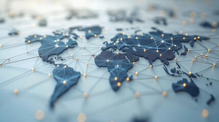 Global Connectivity: A 3D rendered world map illuminated by intricate networks of glowing nodes, symbolizing global communication and interconnectedness. 