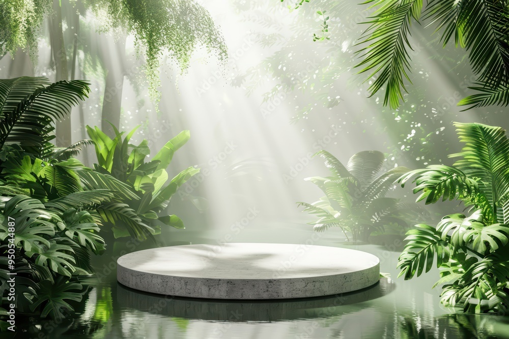 Poster a serene jungle scene featuring a circular platform surrounded by lush greenery and dappled sunlight