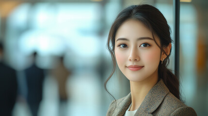 a young elegant asian businesswoman and a young handsome asian businessman looking thought big glass windows at internation air port.