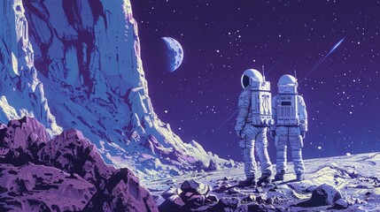 Obraz premium A couple of astronauts standing on the planet, against the backdrop of a rock and a satellite in the sky.