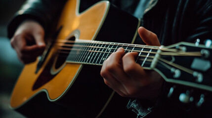 Obraz premium A person playing an acoustic guitar with passion in a cozy indoor setting during the evening hours