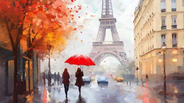Two figures walking under a red umbrella in autumn near the Eiffel Tower on a rainy day in Paris