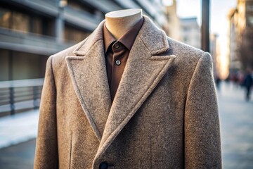 a mannequin dressed in a stylish outfit. The mannequin is wearing a light brown, woolen overcoat with a classic lapel design. Underneath the coat, there is a dark brown button-up shirt