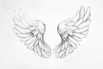 Fototapeta premium tattoo sketch of angel's wings, focusing on a delicate, flowing design. Use clean lines to depict the soft, feathered texture of the wings, with a gentle curve to convey a sense of serenity and grace.