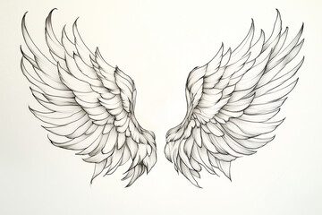tattoo sketch of angel's wings, focusing on a delicate, flowing design. Use clean lines to depict the soft, feathered texture of the wings, with a gentle curve to convey a sense of serenity and grace.