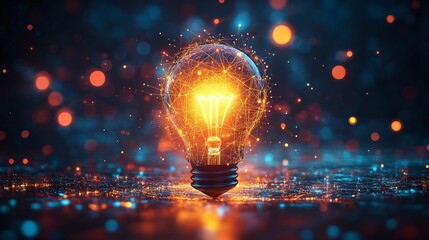 Igniting Innovation: A lone lightbulb radiates brilliant energy, symbolizing the birth of a powerful idea against a backdrop of swirling, ethereal particles. 