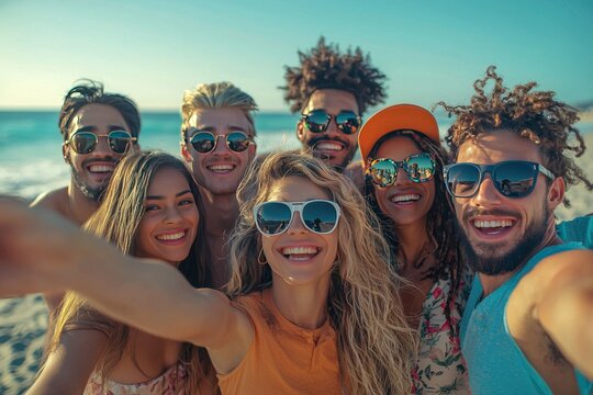 A group of friends taking a selfie with a smartphone during a beach outing