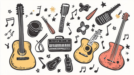 A vibrant collection of musical instruments and notes showcasing guitars, percussion, and accessories in a creative layout