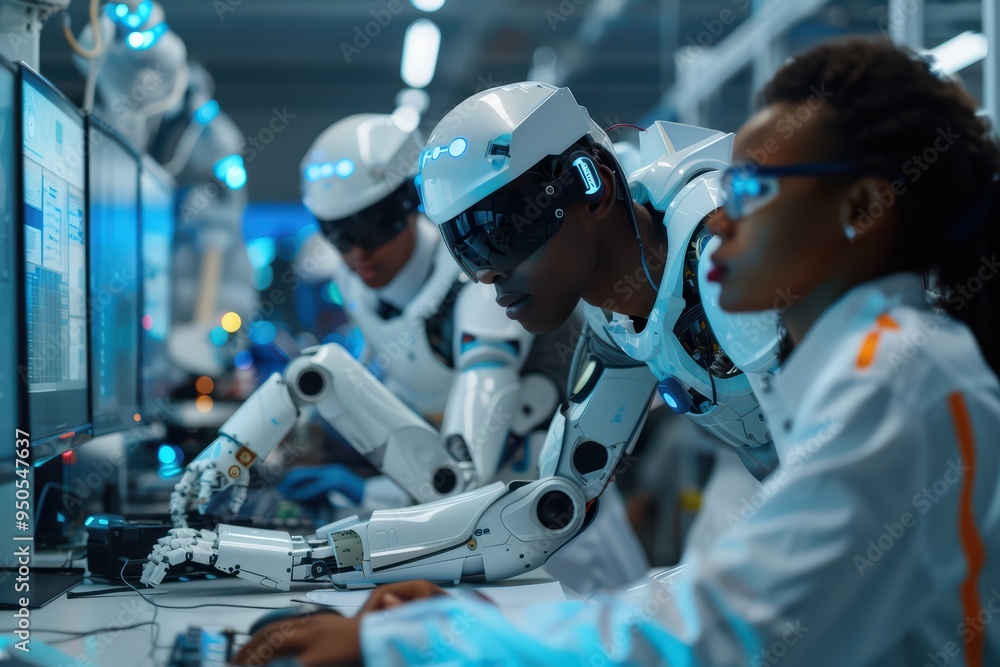 Aufkleber a team of robots and humans collaborate in a high-tech environment, showcasing advanced technology a