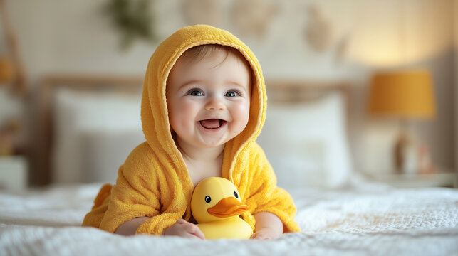 Happy laughing baby wearing yellow hooded duck towel sitting on bed after shower.