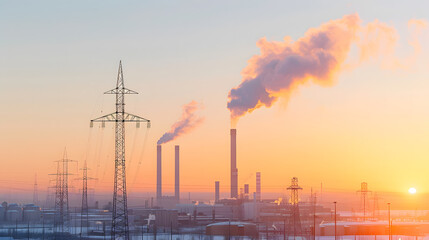 Industrial Scene with Pollution at Sunset – Impact of Industry on Environment and Nature