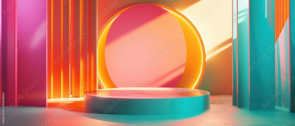 Poster a vibrant abstract scene with colorful circular and vertical shapes, illuminated by soft, warm light