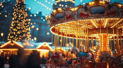 Fototapeta premium A festive carousel adorned with lights in a winter market filled with holiday cheer and a towering Christmas tree in the background