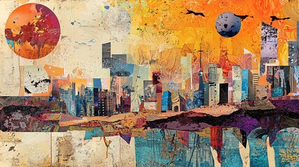 A Vibrant Collage Blending Nature Cityscapes Textures and Whimsical Illustrations 
