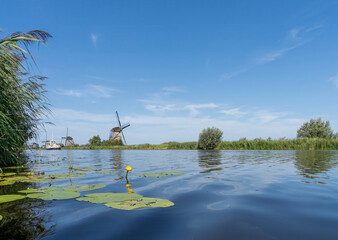 The calm waterway of the KInderdijk in the Netherlands stretches into the distance with a traditional windmill prominently visible on the horizon. 