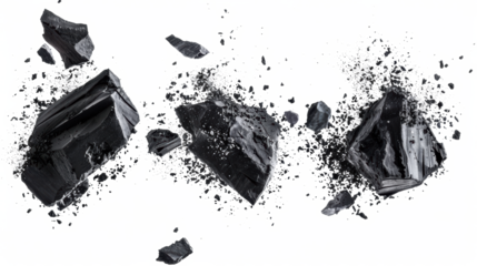 Black Chalk Pieces Shattered on Transparent Background