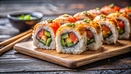 a wooden board with a row of sushi rolls neatly arranged on it. Each sushi roll is made with a layer of white rice on the outside, and the filling includes slices of avocado, cucumber