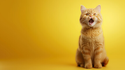 Horizontal poster with surprised screaming ginger cat on yellow background with space for veterinary clinic and animal care concept