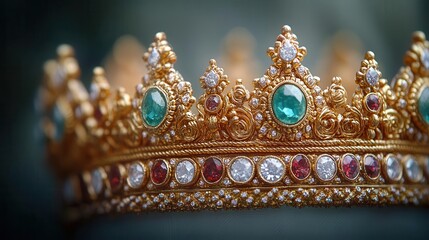 Obraz premium majestic golden crown adorned with precious gems ornate detailing regal symbolism soft studio lighting white background symbol of power and royalty