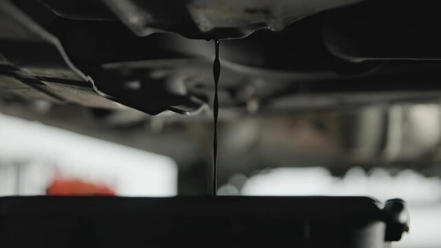 Old and wasted synthetic oil being drained into basin van beneath car and sprinter van garage floor as it pours out in slow motion and close-up into a bucket