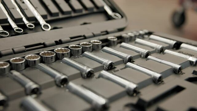 Close up slow motion view of tool collection of socket kit wrenches, keys, and drivers in a well organized box with some missing piece
