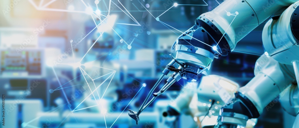 Poster close-up of a robotic arm in an advanced laboratory, showcasing technology and innovation in automat