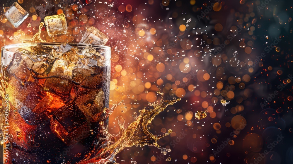 Poster Close-up of a refreshing drink with ice splashing, creating a vibrant and colorful background, perfect for beverage advertising.
