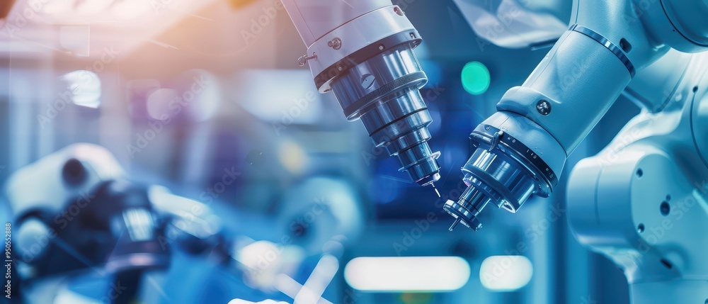 Poster close-up view of advanced robotic arms working in a modern technology lab, showcasing innovation and