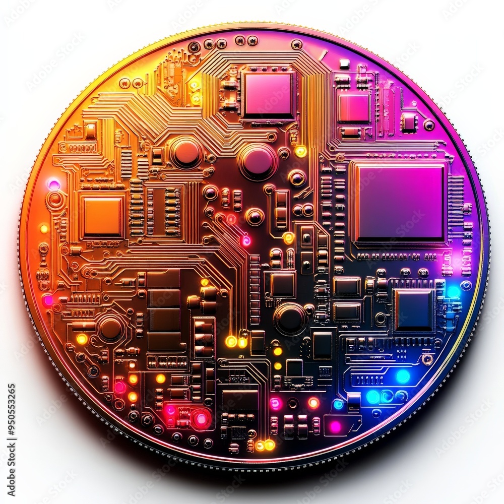Poster digital currency coin: a close-up of a futuristic digital currency coin with a circuit board design 
