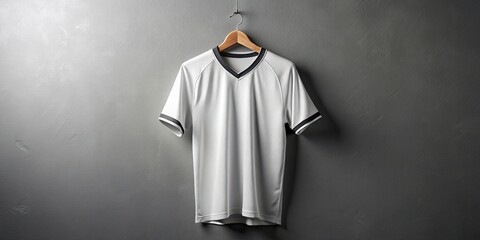 White blank sports jersey template on a hanger against a clean gray background, waiting for customization with team logos, names, and numbers.