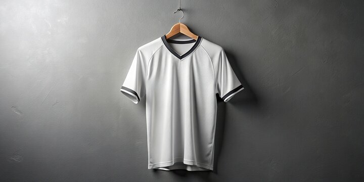 White blank sports jersey template on a hanger against a clean gray background, waiting for customization with team logos, names, and numbers.