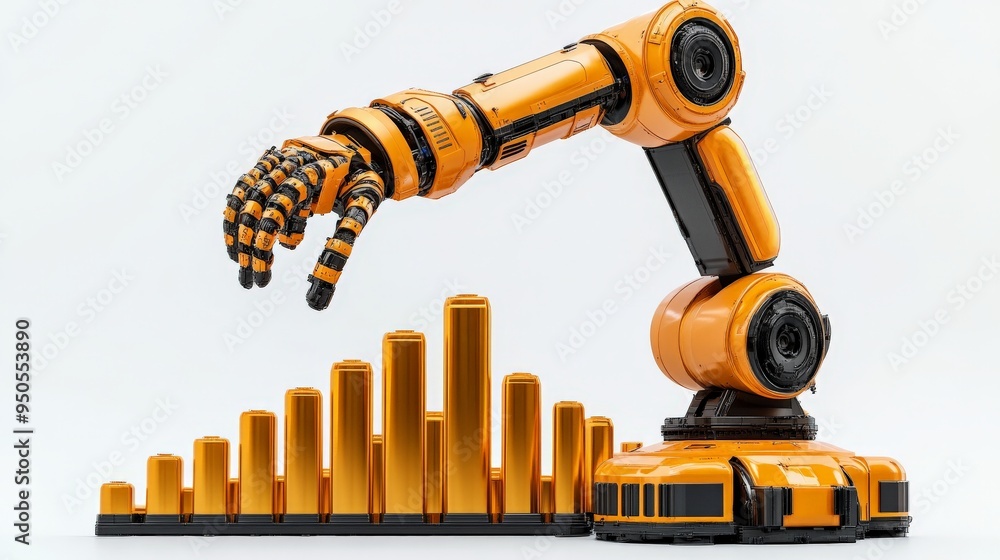 Poster robot automation & growth: a robotic arm, a symbol of technological advancement, points towards a ri