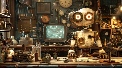 Fototapeta premium A steampunk robot in a cluttered workshop surrounded by various mechanical components and tools, reflecting a vintage aesthetic with a touch of futuristic technology.