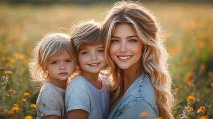 Elegant young mother with son and daughter, sharing a loving moment outdoors, summer morning glow .