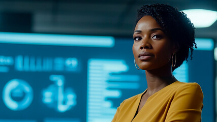A black female CEO standing confidently in front of financial graphs, demonstrating leadership and determination.