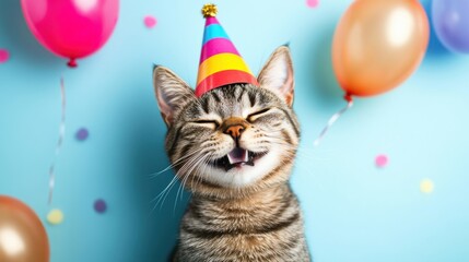 Happy cat wearing a colorful party hat surrounded by balloons and confetti at a joyful celebration indoors