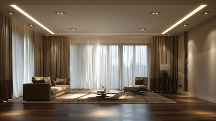 Fototapeta premium modern minimalist apartment, living room, wooden floor, curtains, large window