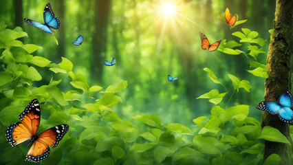 Illustration of Butterflies flying and dancing in a Green Paradise of a green forest