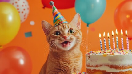 A playful cat wearing a birthday hat at a colorful celebration with a cake and balloons in a festive atmosphere
