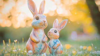Colorful rabbit sculptures standing together in a sunny garden during springtime, surrounded by blooming flowers in soft light