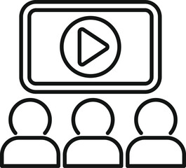 Line art icon of three people watching a video on a screen, representing a concept of video marketing