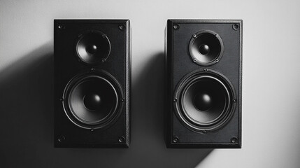 Stylish black speakers displayed against a minimalist wall, highlighting their design and sound capabilities in a modern setting