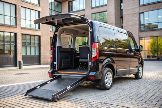 A black van with a ramp on the back