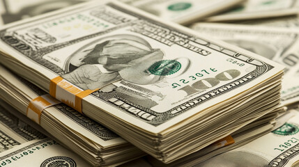 Stacks of hundred dollar bills arranged neatly on a flat surface with more cash visible in the background, symbolizing wealth and finance
