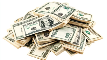 A large pile of assorted hundred dollar bills stacked haphazardly on a white background, symbolizing wealth and finance
