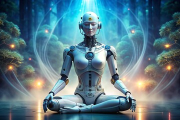 Fototapeta premium A robot is sitting in a forest, meditating