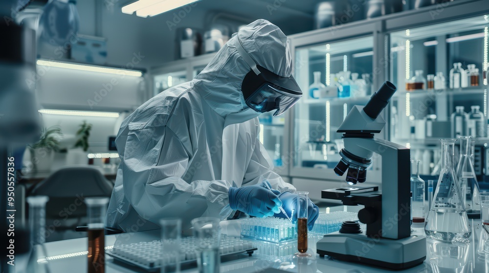 Poster scientist in protective gear conducting experiments in a modern laboratory with a microscope and var