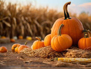 Colorful autumn pumpkin patch and cornfield background